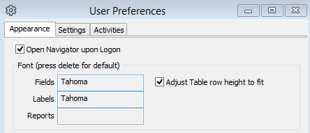 The User Preferences showing a font has been chosen for Fields and Labels.