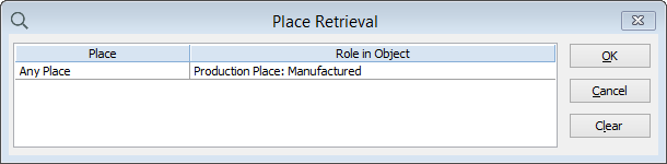 A Place Role search showing a search for objects that have any Place listed as where they were manufactured.