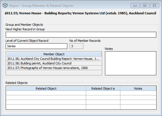 The Group/Member & Related Objects window showing the Items that are part of this Archival Series.