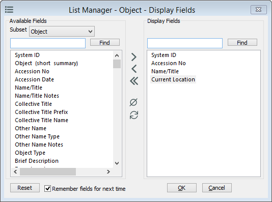 List Manager Display Fields window.