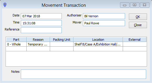 The Movement Transaction window, showing details of an object being moved to a case in an exhibition hall temporarily. 