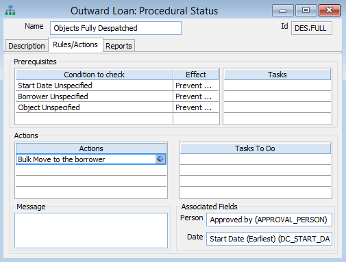 Rules/Actions tab of an Outward Loan Procedural Status