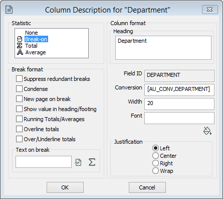 The Column Description window showing options for a selected Display Field.