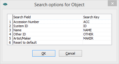 The search options available when searching in the Object datafile. 