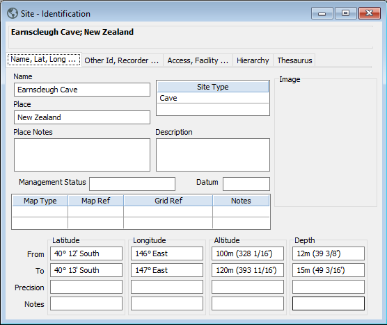 The Site window showing a cave site in New Zealand. It has the Latitude, Longitude, Altitude, and Depth recorded. 