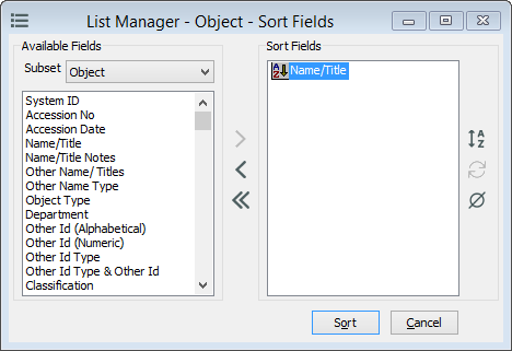 List Manager Sort Fields window showing "Name/Title" has been selected.