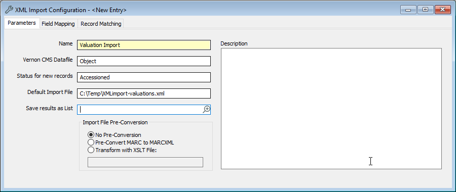 The XML Import Configuration window, on the Parameters tab. 