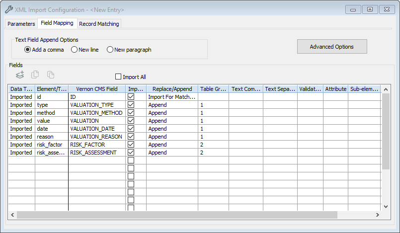 The XML Import Configuration window, on the Field Mapping tab. 